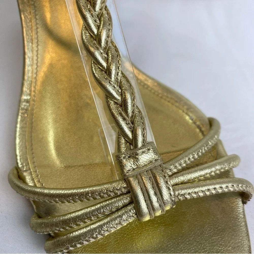 J. Crew “Paige” Metallic Gold Strppy Leather Braided Chunky Heel